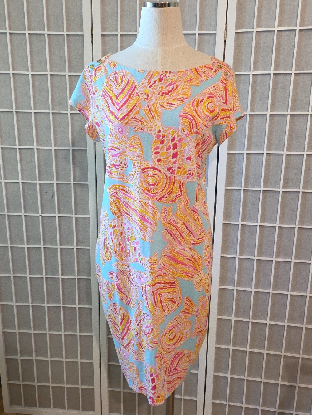 Shift Dress By Lilly Pulitzer Light Blue Dress with Pink & Yellow Shell Print